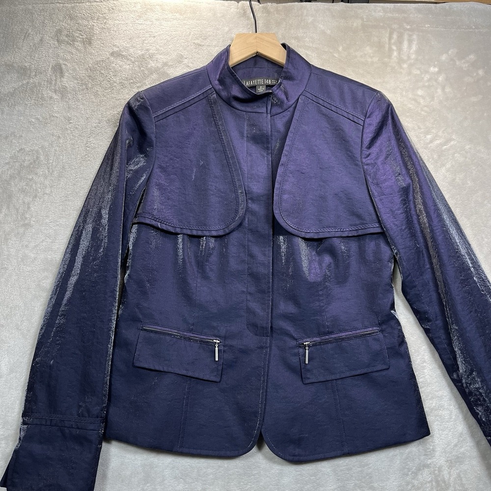 Lafayette 148 Jacket‎ 2 Dark Blue Cotton Blend *STAIN* Shiny Button-Up